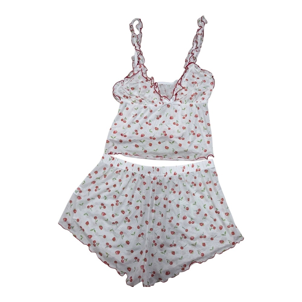 Y2K Cherry Print Sheer Babydoll Cami Top Shorts Women 2XL Ruffle Halter Coquette